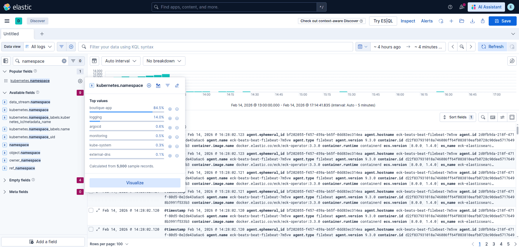 Kibana Discover showing application logs