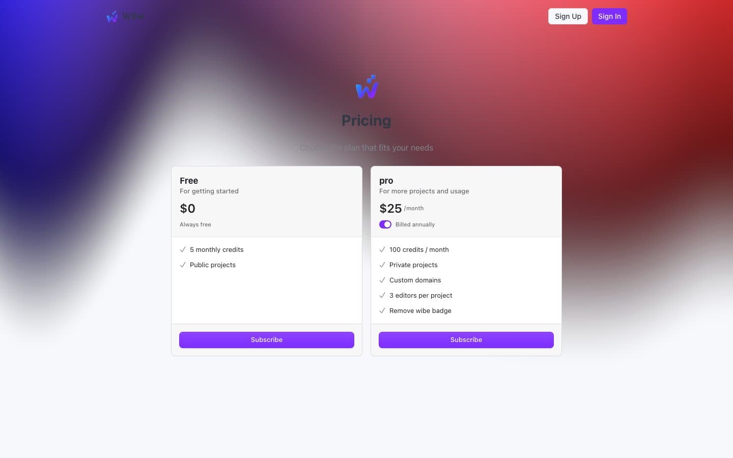 Wibe pricing page with Free and Pro plans